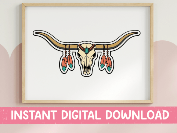 Boho Bull Skull Feather Sticker Graphics for T-Shirt Designs