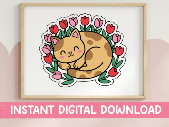 Cat Curled in Tulips Kawaii Sticker Graphics