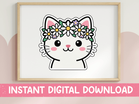 Flower Crown Cat Face Kawaii Sticker: Graphics for T-Shirt Designs