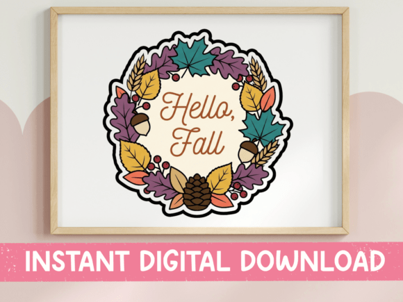 Hello Fall Autumn Wreath Sticker: Graphics for T-Shirt Designs