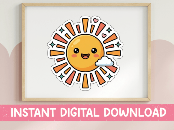 Kawaii Happy Sun with Cloud Sticker: Graphics & T-Shirt Designs