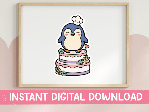 Kawaii Penguin Baker on Cake Sticker: Graphics & T-Shirt Designs