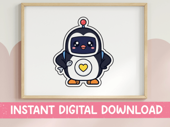 Kawaii Penguin Robot with Heart Sticker: Graphics for T-Shirt Designs