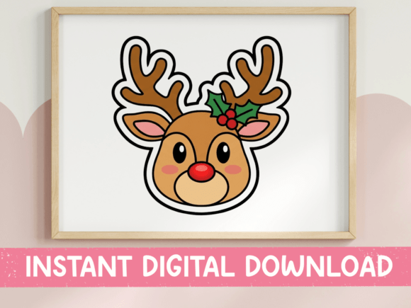 Kawaii Reindeer Face Holly Sticker: Graphics for T-Shirt Designs
