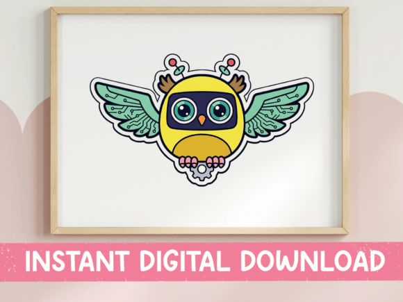 Kawaii Robot Owl Flying Sticker Design: Graphics for T-Shirt Designs