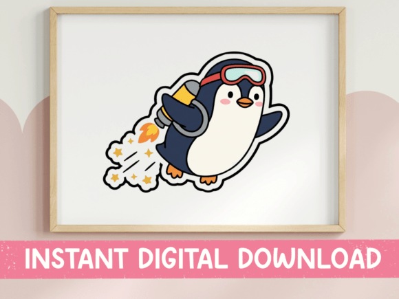 Penguin Jetpack Flying Cute Sticker: Graphics & T-Shirt Designs