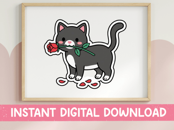 Tuxedo Cat with Rose Valentine Sticker Graphics